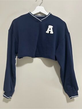 Navy Cropped Oversized Sweater with Letter A Patch XXS